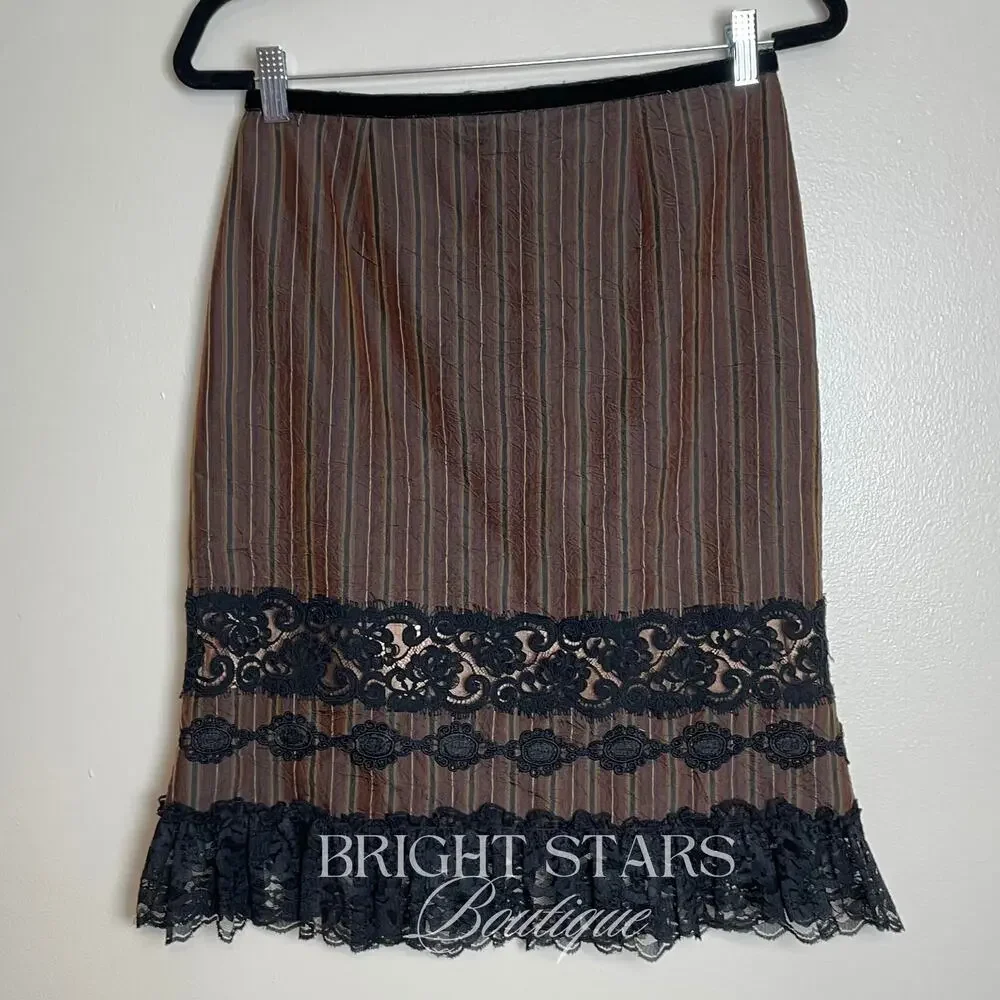 Rare Brown Stripe Lace Trim Pencil Skirt ASO Lorelai Gilmore Girls Vintage Y2K